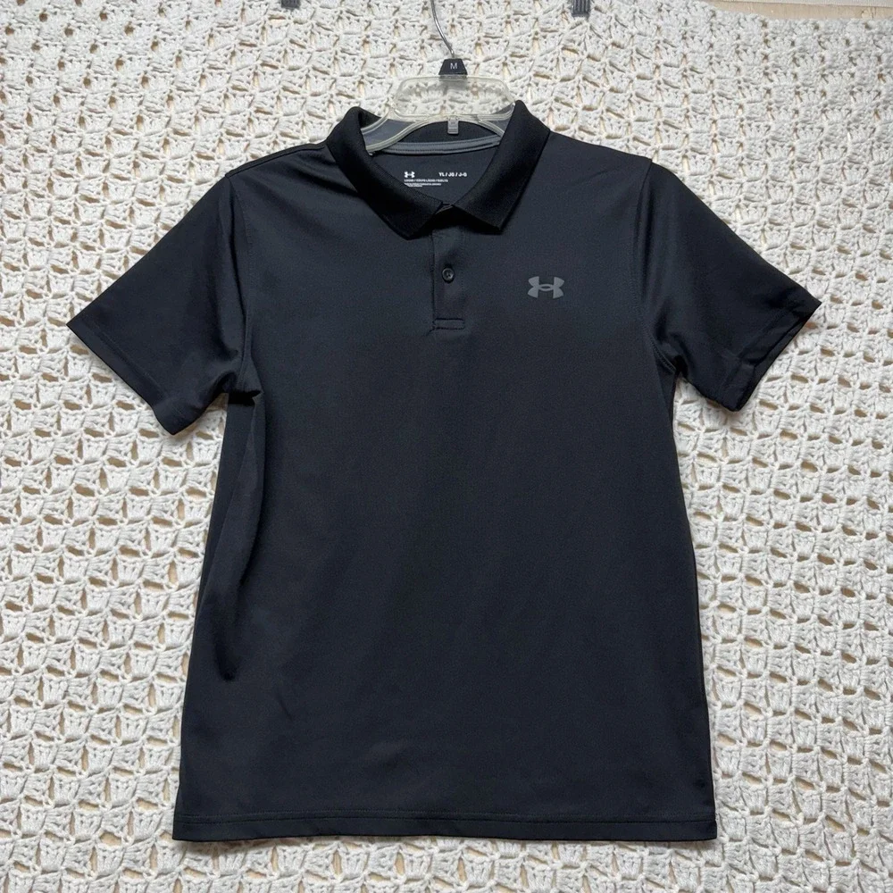 Under Armour Polo Shirt Youth Sz L Black Heat Gear Loose Short Sleeve